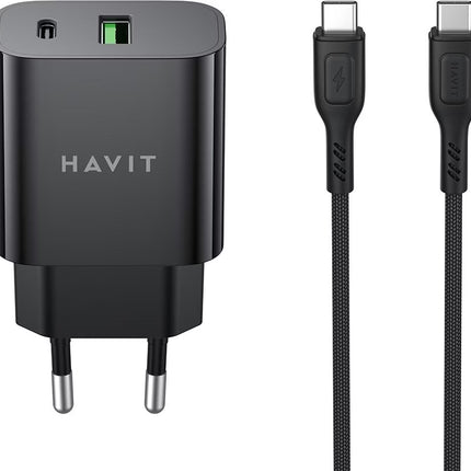 Travel Adapter 20W With USB C to USB C Cable Black / Havit