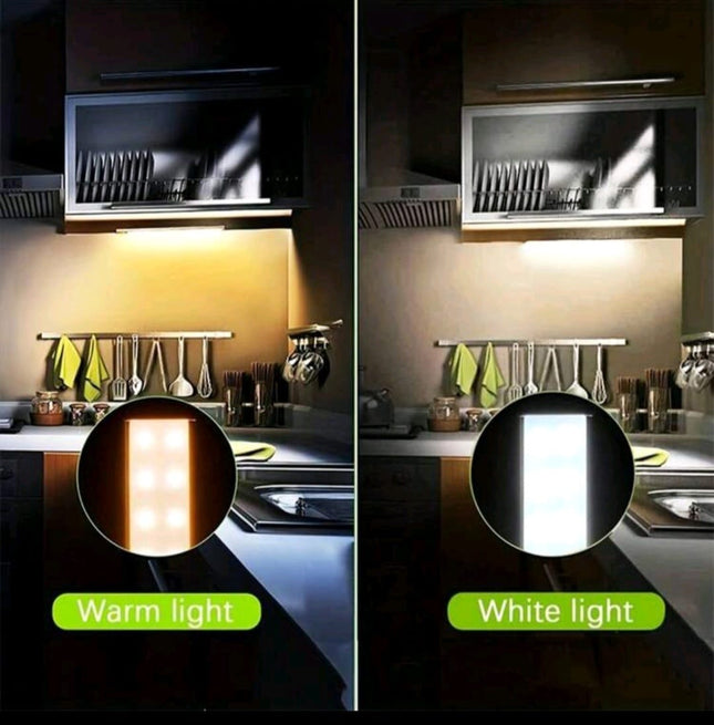 Kitchen scene with a light fixture showing warm and white light options.