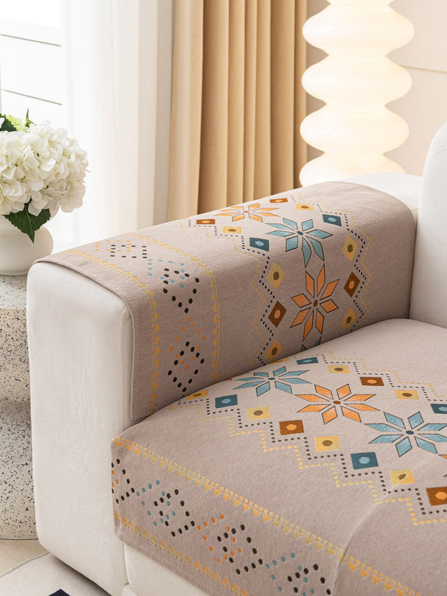 Geometric Pattern Sofa Cover and Pillowcase - Coffee Beige