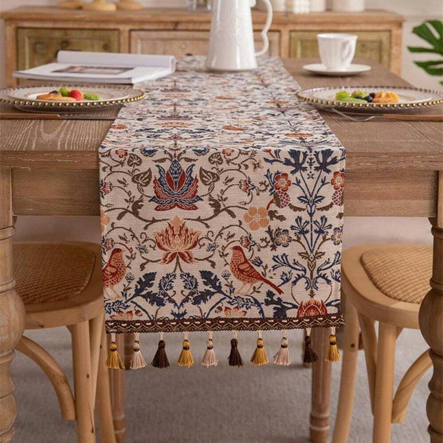 Vintage Floral & Bird Pattern Tassel Table Runner, Jacquard Woven 30x200cm