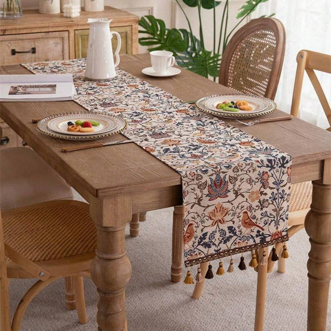 Vintage Floral & Bird Pattern Tassel Table Runner, Jacquard Woven 30x200cm