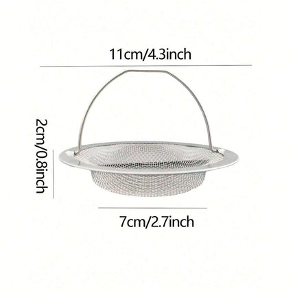 Metal mesh strainer with dimensions labeled on a white background
