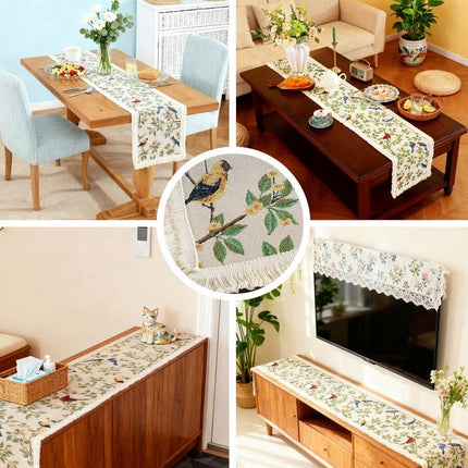 Jacquard Table Runner – Vintage Floral & Bird, Tassels, 30×200cm