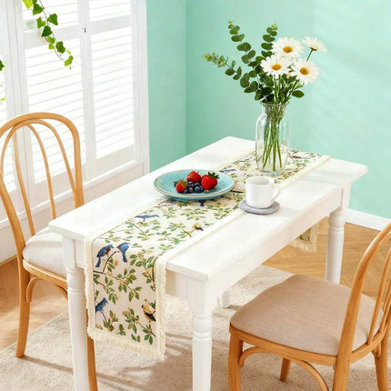 Jacquard Table Runner – Vintage Floral & Bird, Tassels, 30×200cm