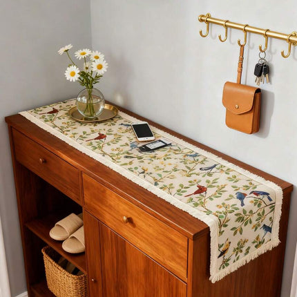 Jacquard Table Runner – Vintage Floral & Bird, Tassels, 30×200cm