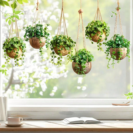 Hanging plants on a windowsill with a cup and book in the foreground.