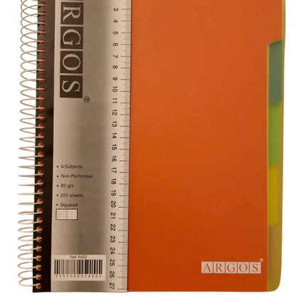 University Copybook 5-Subject A4 Orange Plastic Cover Spiral Square 200Sh 80G / ARGOS BTS