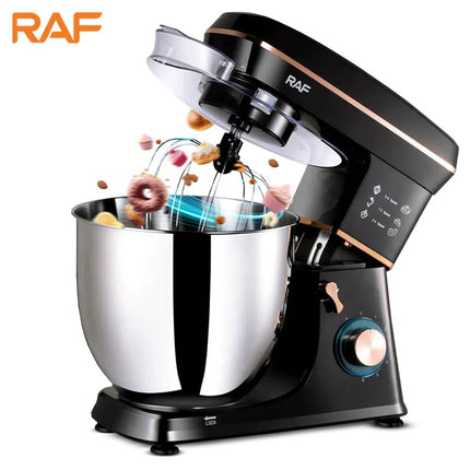 Black and silver stand mixer with dough and ingredients on a white background, featuring the RAF brand.