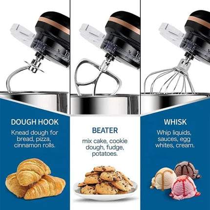 Three stages of a stand mixer attachment with different attachments and their uses.