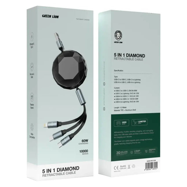 5 in 1 Retractable Cable -1.2m-Black Aluminum Shell - SmartSouks