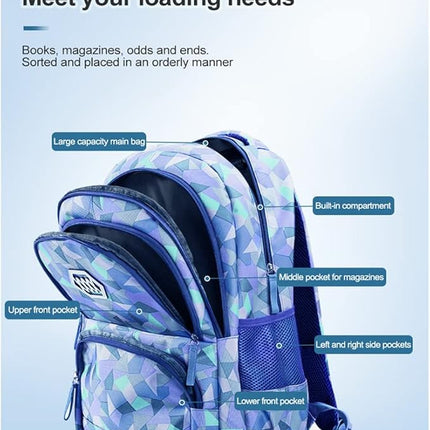 Geometric School Bag Set - Blue Beige - 3PCS