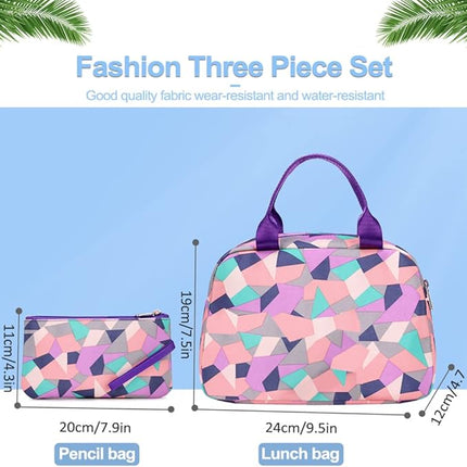 Geometric School Bag Set - Pink Orange Purple - 3PCS