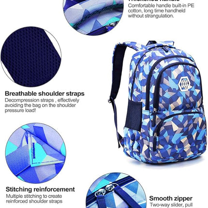 Geometric School Bag Set - Blue Beige - 3PCS