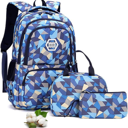 Geometric School Bag Set - Blue Beige - 3PCS