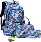 Geometric School Bag Set - Blue Beige - 3PCS