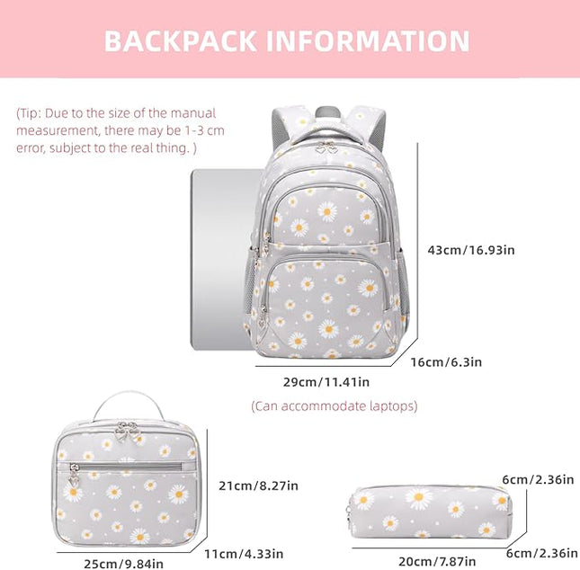 Daisy Printed Kids Backpack Set - Light Grey - 3 pcs