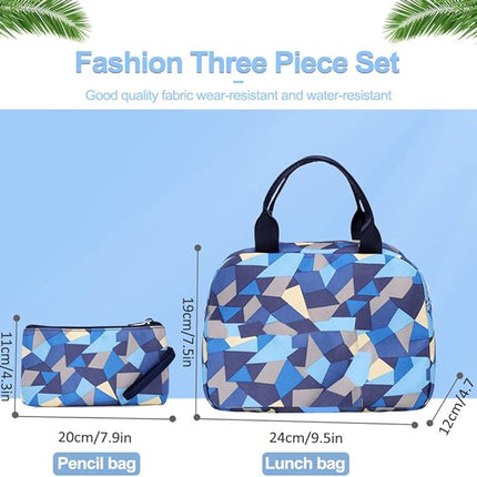 Geometric School Bag Set - Blue Beige - 3PCS