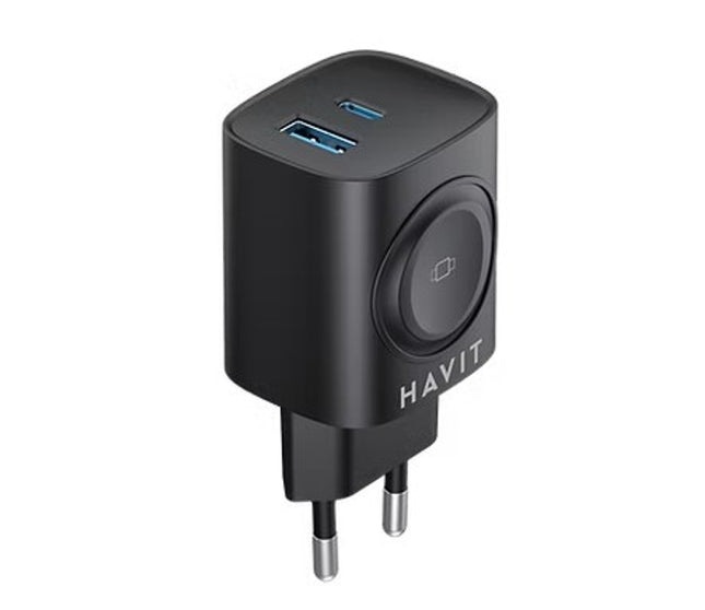Travel Adapter 22W With Dual USB C + USB A + Watch Charger Black / Havit