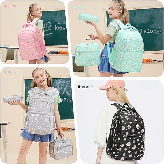 Daisy Printed Kids Backpack Set - Black/Yellow - 3 pcs