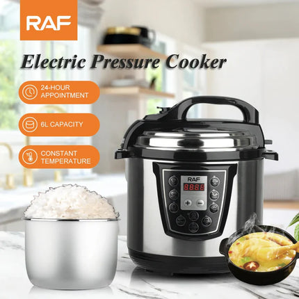 RAF electric pressure cooker with rice and food on a kitchen counter