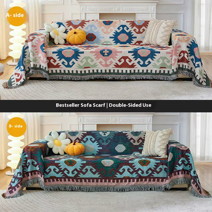 Two images of a sofa with a colorful patterned scarf draped over it, showing different color schemes.