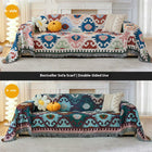Two images of a sofa with a colorful patterned scarf draped over it, showing different color schemes.