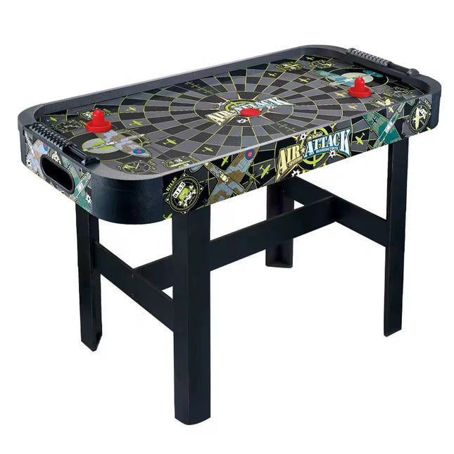 Air hockey table with red pucks on a white background