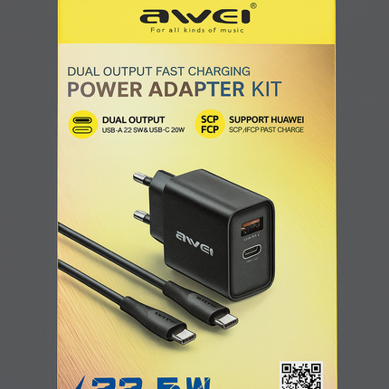 Power Adapter Kit Dual Output 22.5W Fast Charging Black / AWEI