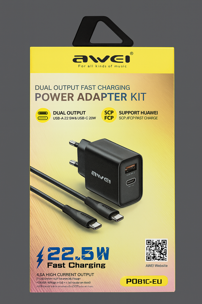 Power Adapter Kit Dual Output 22.5W Fast Charging Black / AWEI