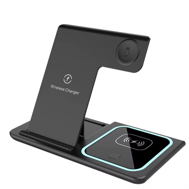 Black wireless charger with phone stand on a white background