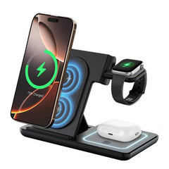 Multi-device wireless charging stand with smartphone, smartwatch, and earbuds on a white background