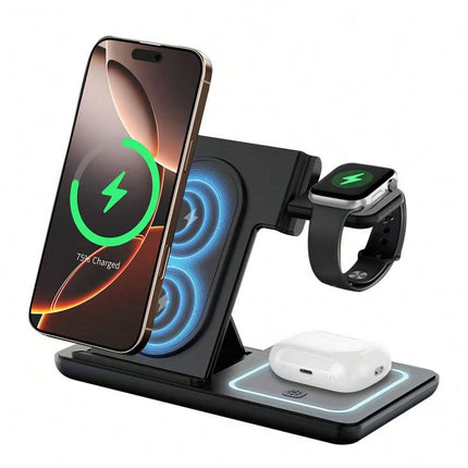 Multi-device wireless charging stand with smartphone, smartwatch, and earbuds on a white background