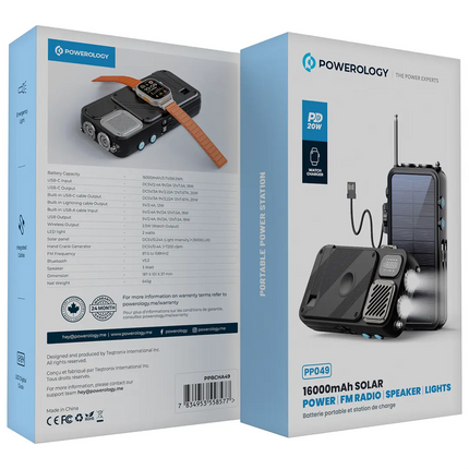 Powerology 16000mAh Solar Power Bank with FM Radio, Speaker & Lights