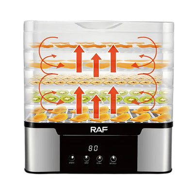 RAF food dehydrator with digital display and fruit slices on clear lid