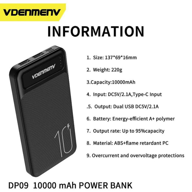 VDENMENV DP09 Power Bank 10000 mAh - white color