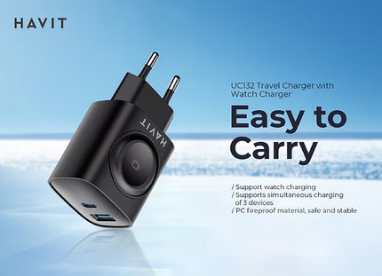 Travel Adapter 22W With Dual USB C + USB A + Watch Charger Black / Havit