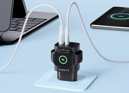 Travel Adapter 22W With Dual USB C + USB A + Watch Charger Black / Havit