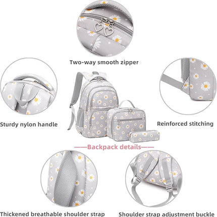 Daisy Printed Kids Backpack Set - Light Grey - 3 pcs - SmartSouks