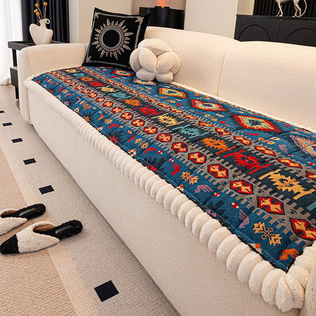 Elegant Thick Sofa Cushion Bohemian Anti-Slip Plush BlueSofa Cover