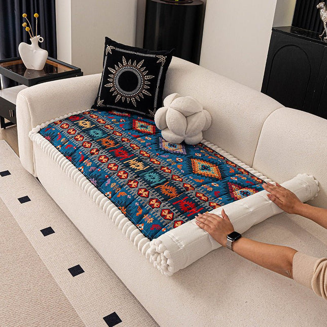 Elegant Thick Sofa Cushion Bohemian Anti-Slip Plush BlueSofa Cover
