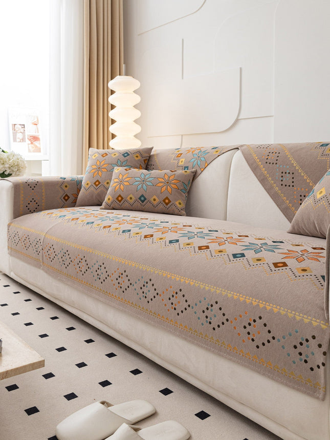 Geometric Pattern Sofa Cover and Pillowcase - Coffee Beige - SmartSouks