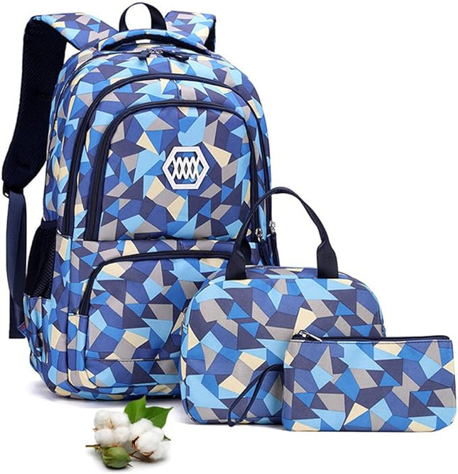 Geometric School Bag Set - Blue Beige - 3PCS - SmartSouks