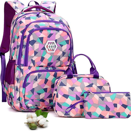 Geometric School Bag Set - Pink Orange Purple - 3PCS - SmartSouks