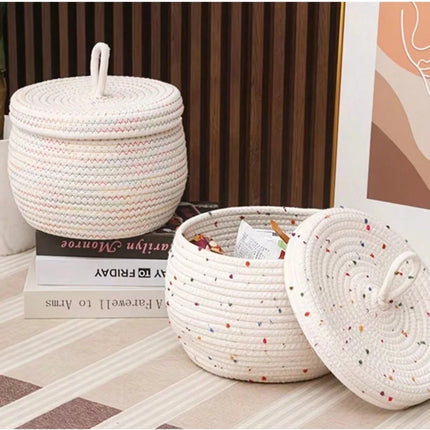 Handwoven Cotton Rope Storage Basket with Lid – Polka Dot