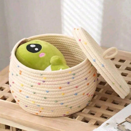Handwoven Cotton Rope Storage Basket with Lid – Polka Dot