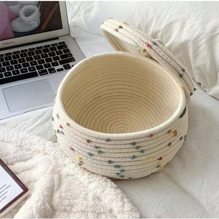 Handwoven Cotton Rope Storage Basket with Lid – Polka Dot