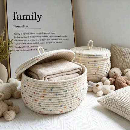 Handwoven Cotton Rope Storage Basket with Lid – Polka Dot