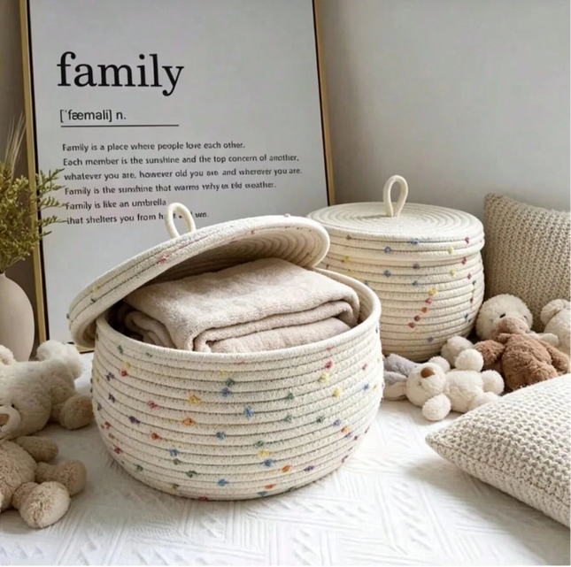 Handwoven Cotton Rope Storage Basket with Lid – Polka Dot