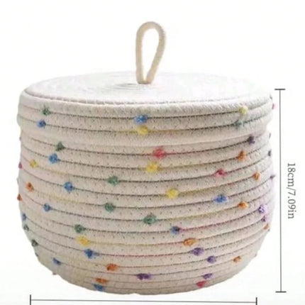 Handwoven Cotton Rope Storage Basket with Lid – Polka Dot