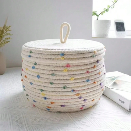 Handwoven Cotton Rope Storage Basket with Lid – Polka Dot